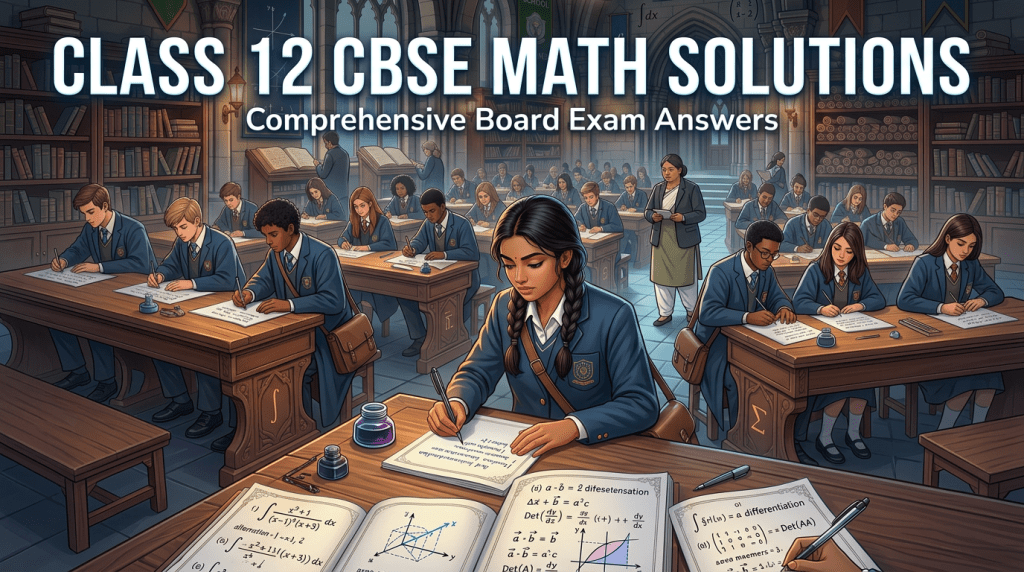 Students in school uniforms taking a math exam with open textbooks showing calculus and algebra formulas